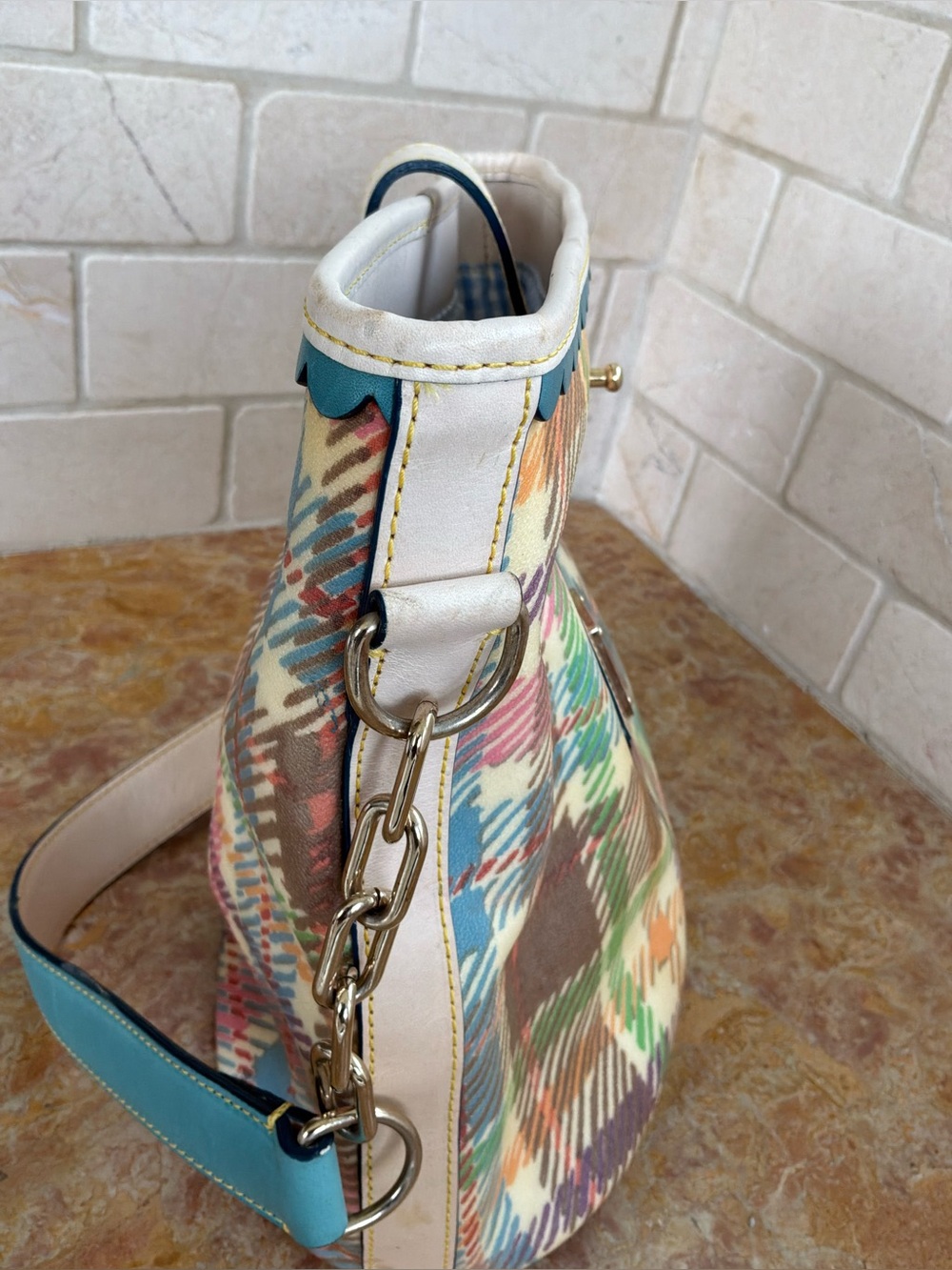 Dooney & Bourke Y2K Vintage Pastel Rainbow Tartan Plaid Bucket Bag Scalloped - Picture 13 of 16